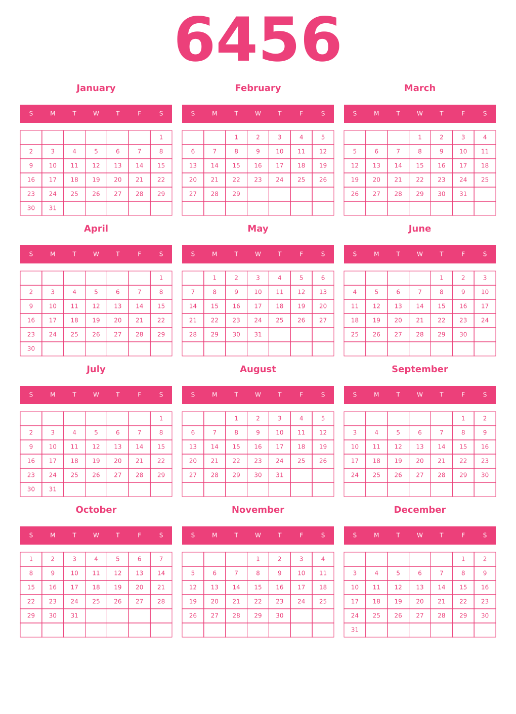 Printable 6456 Year Calendars pink