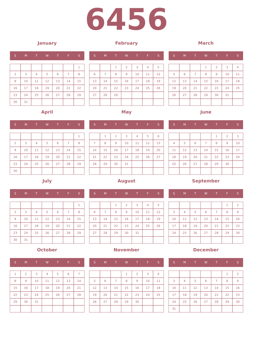Printable 6456 Year Calendars puce
