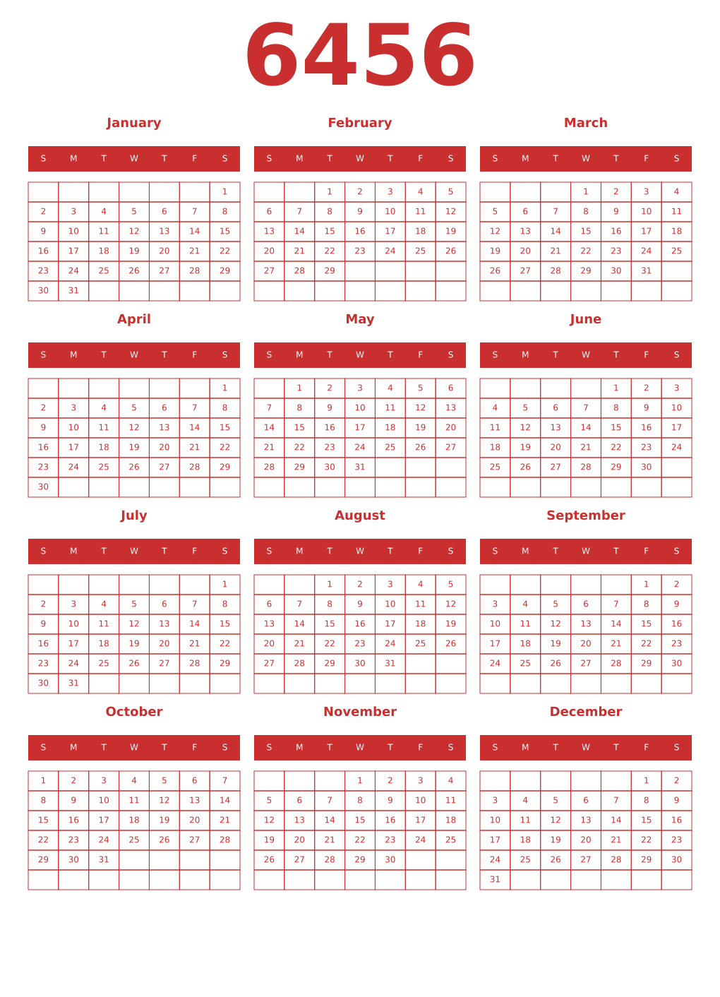 Printable 6456 Year Calendars red