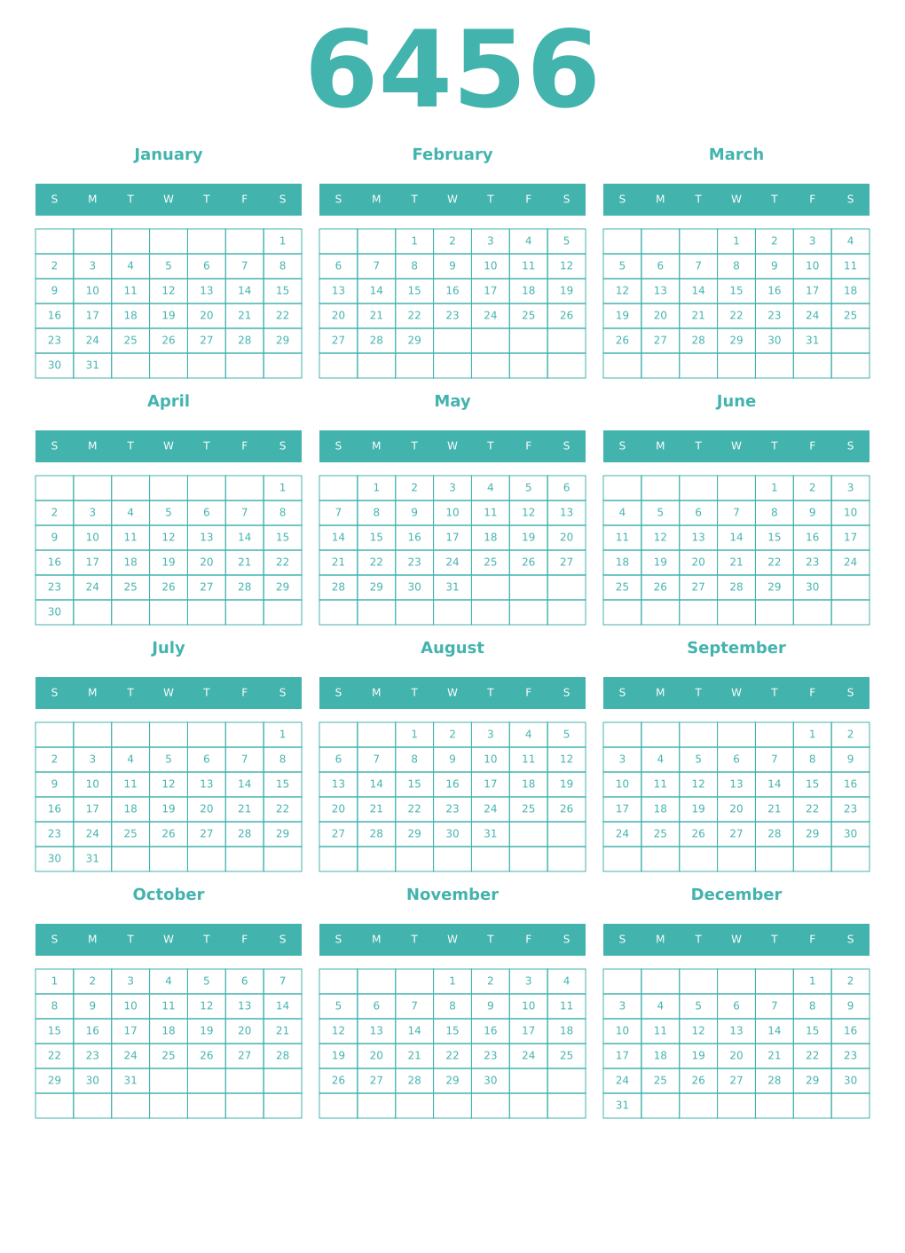 Printable 6456 Year Calendars verdigris