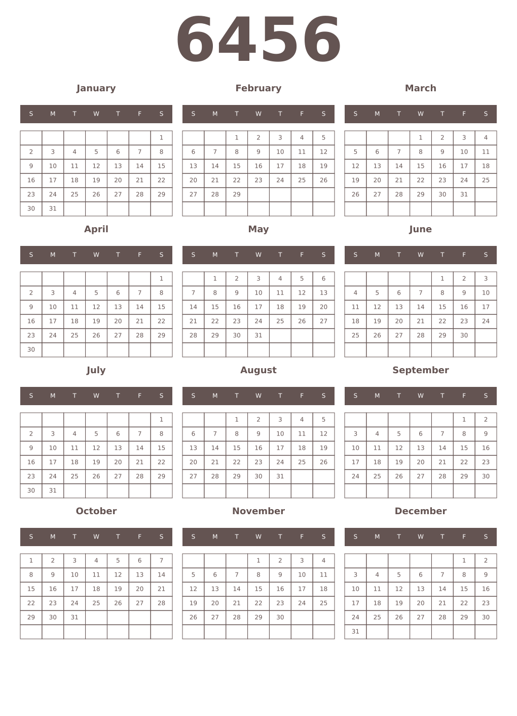 Printable 6456 Year Calendars wenge