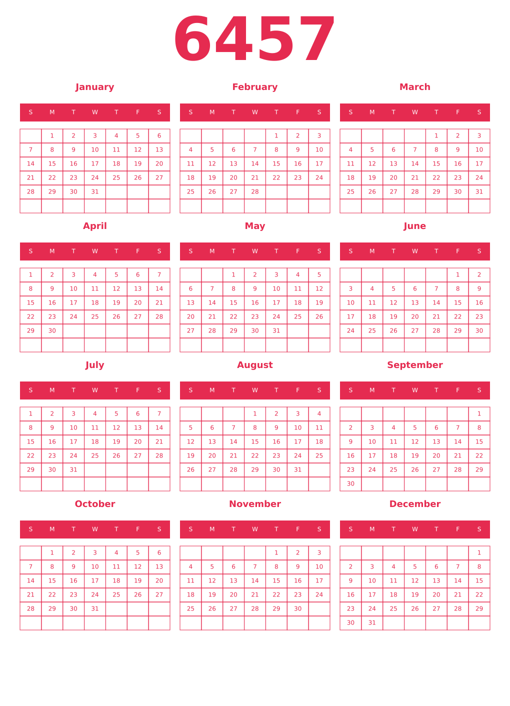 Printable 6457 Year Calendars amaranth