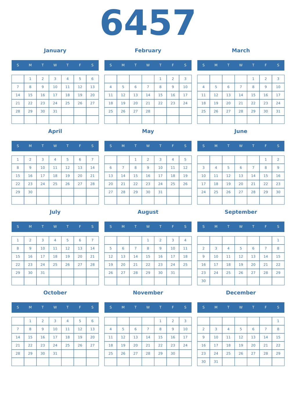 Printable 6457 Year Calendars blue