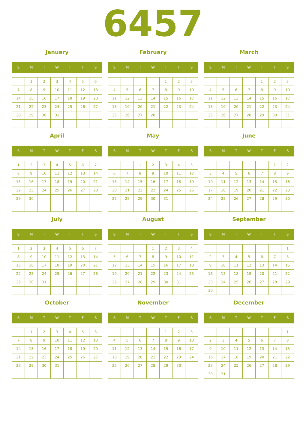 Printable 6457 Year Calendars chartreuse