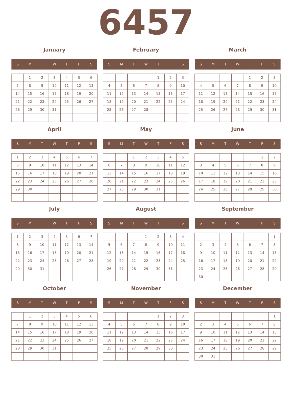 Printable 6457 Year Calendars coffe