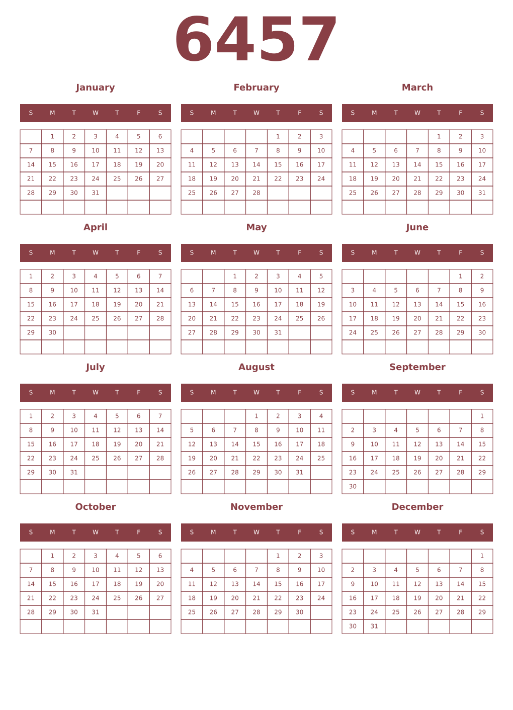 Printable 6457 Year Calendars cordovan