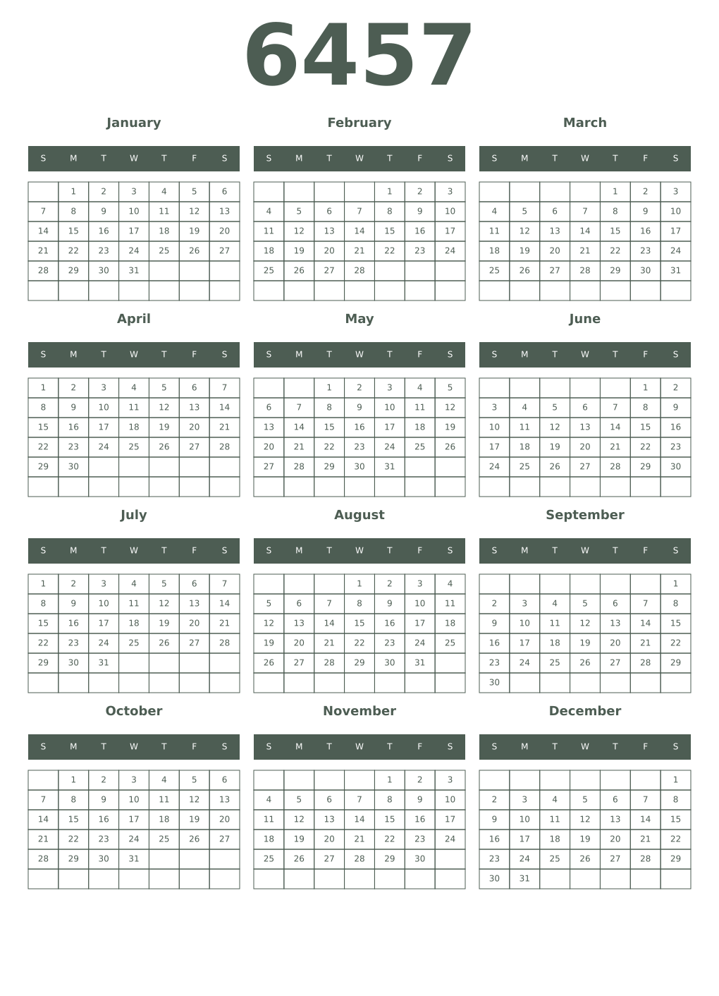 Printable 6457 Year Calendars feldgrau