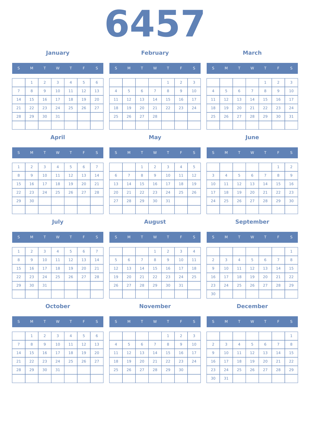 Printable 6457 Year Calendars glaucous