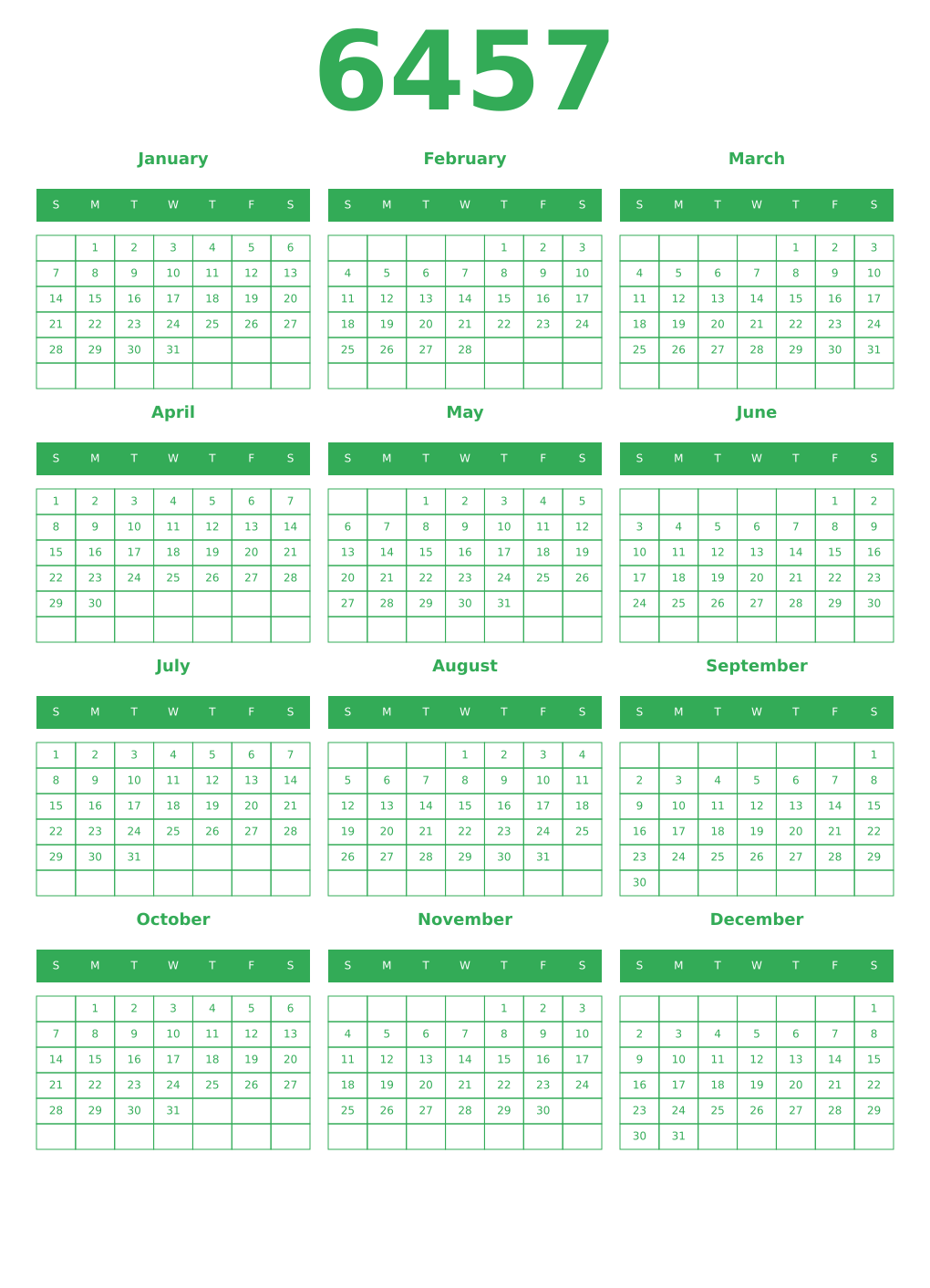 Printable 6457 Year Calendars green
