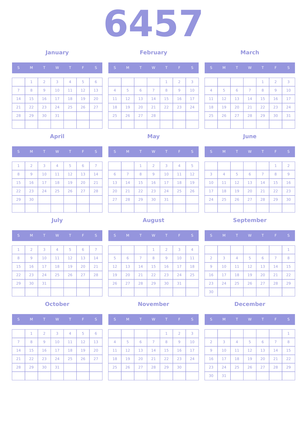 Printable 6457 Year Calendars periwinkle