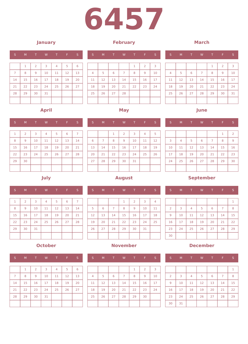 Printable 6457 Year Calendars puce