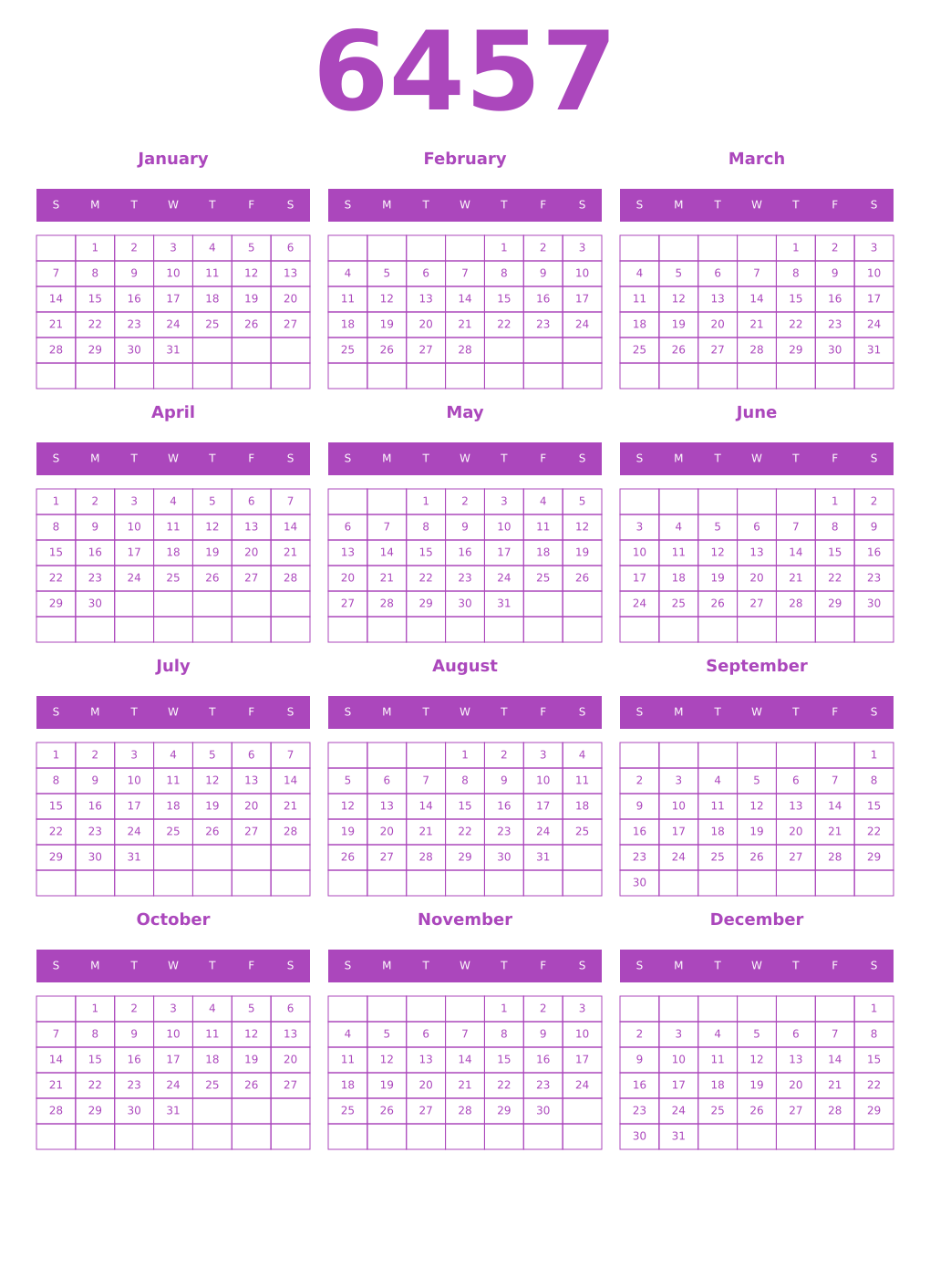 Printable 6457 Year Calendars purple