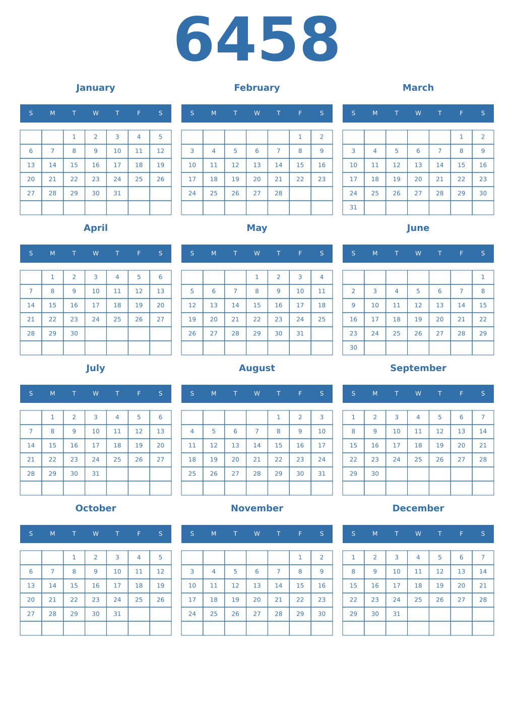Printable 6458 Year Calendars blue