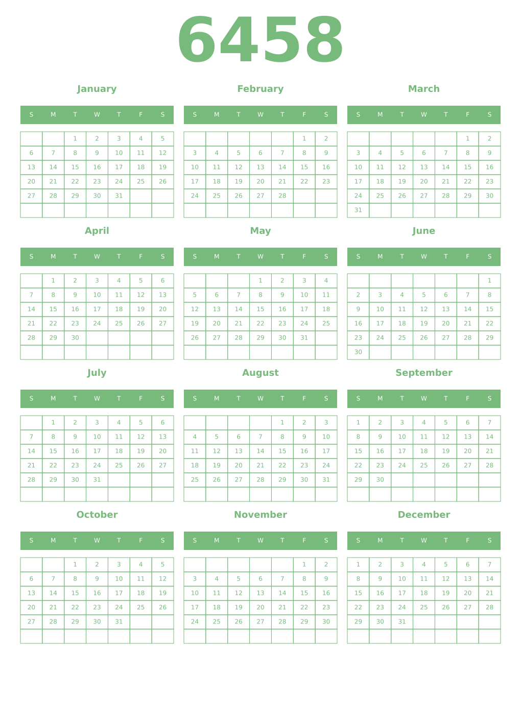 Printable 6458 Year Calendars celadon