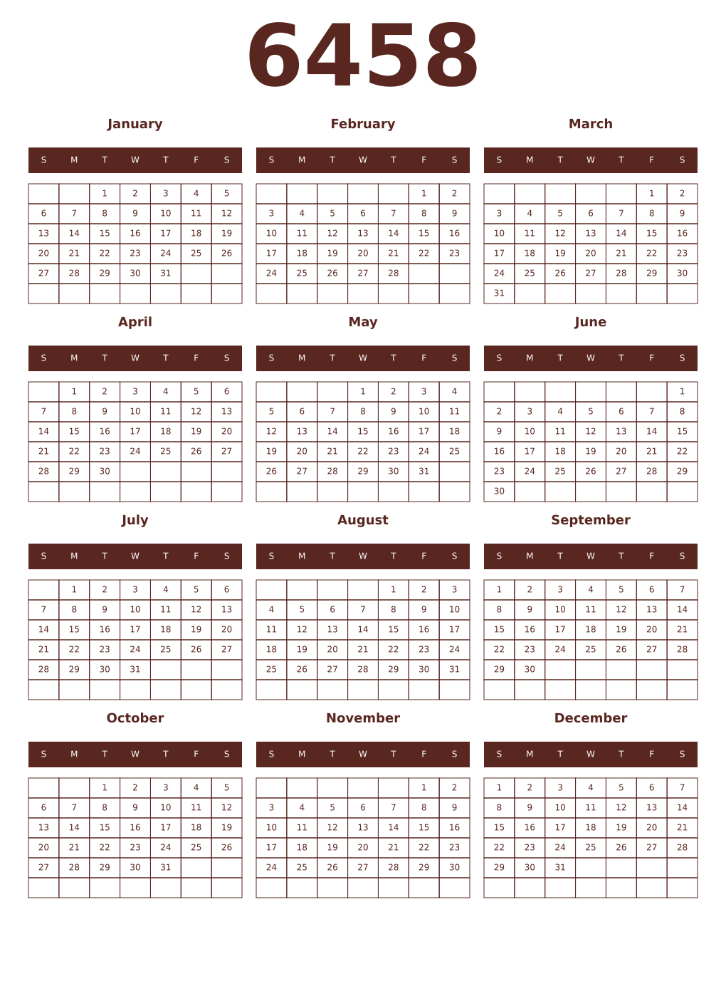 Printable 6458 Year Calendars mortuum