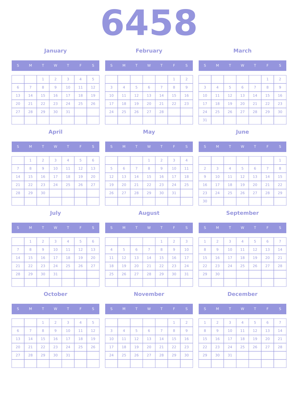 Printable 6458 Year Calendars periwinkle