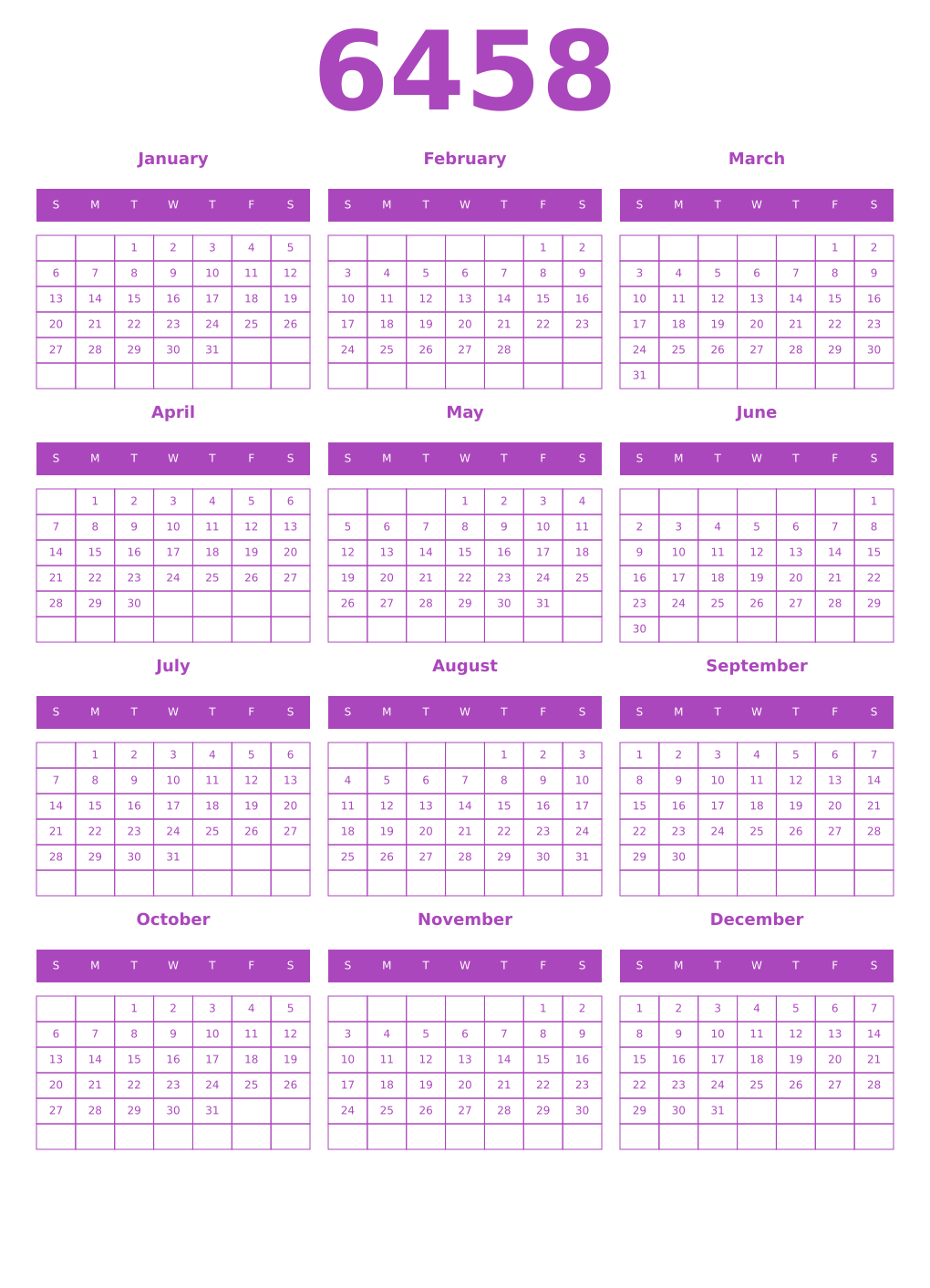 Printable 6458 Year Calendars purple