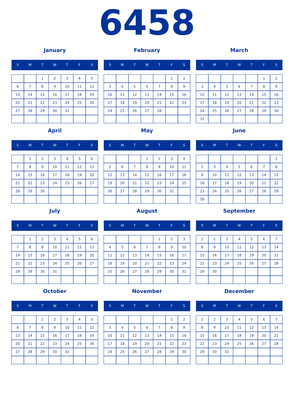 Printable 6458 Year Calendars smalt