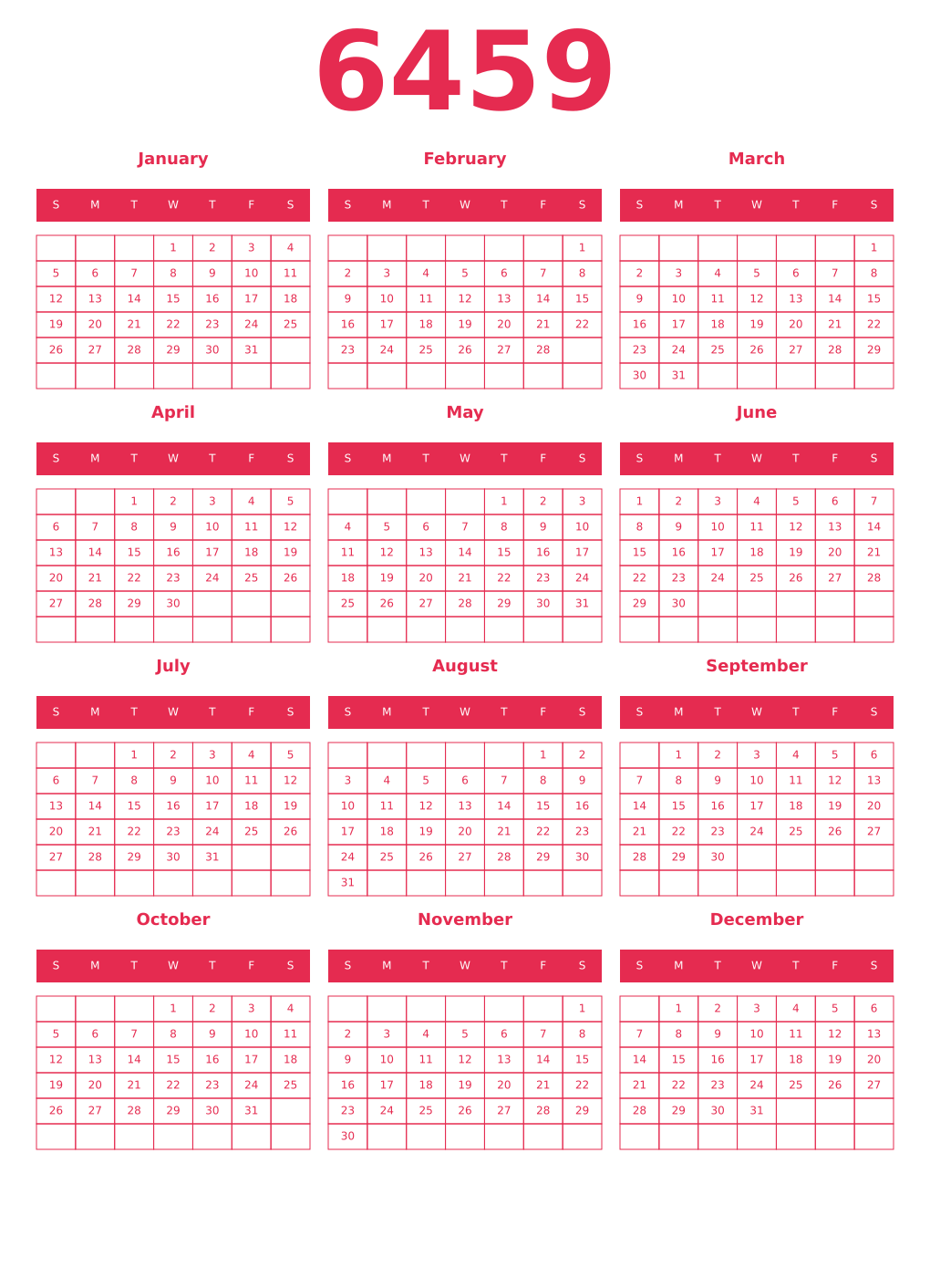 Printable 6459 Year Calendars amaranth