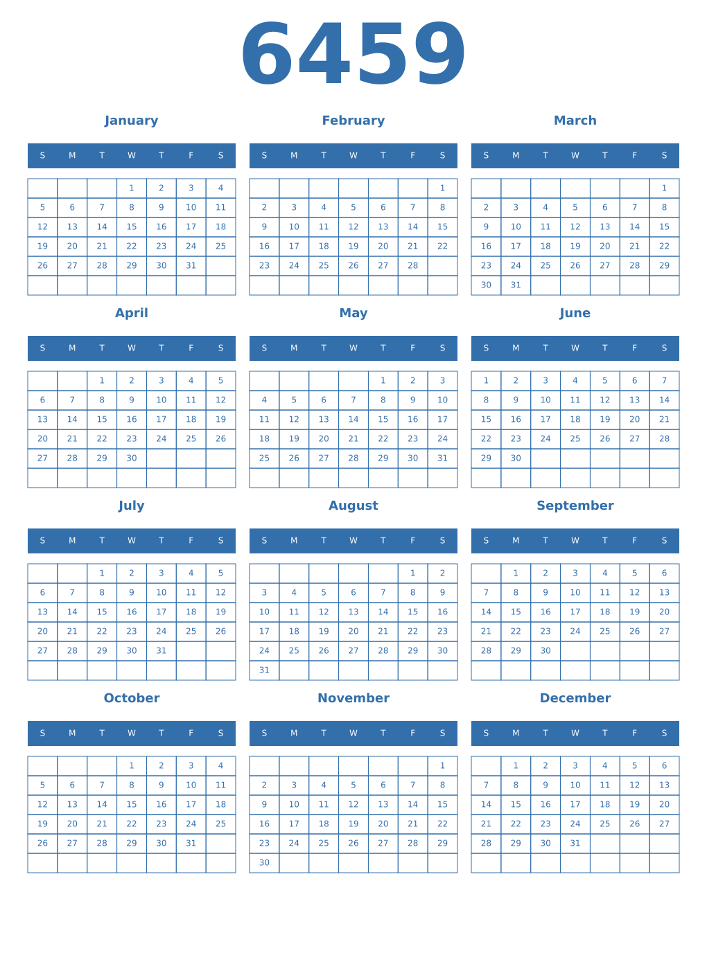Printable 6459 Year Calendars blue