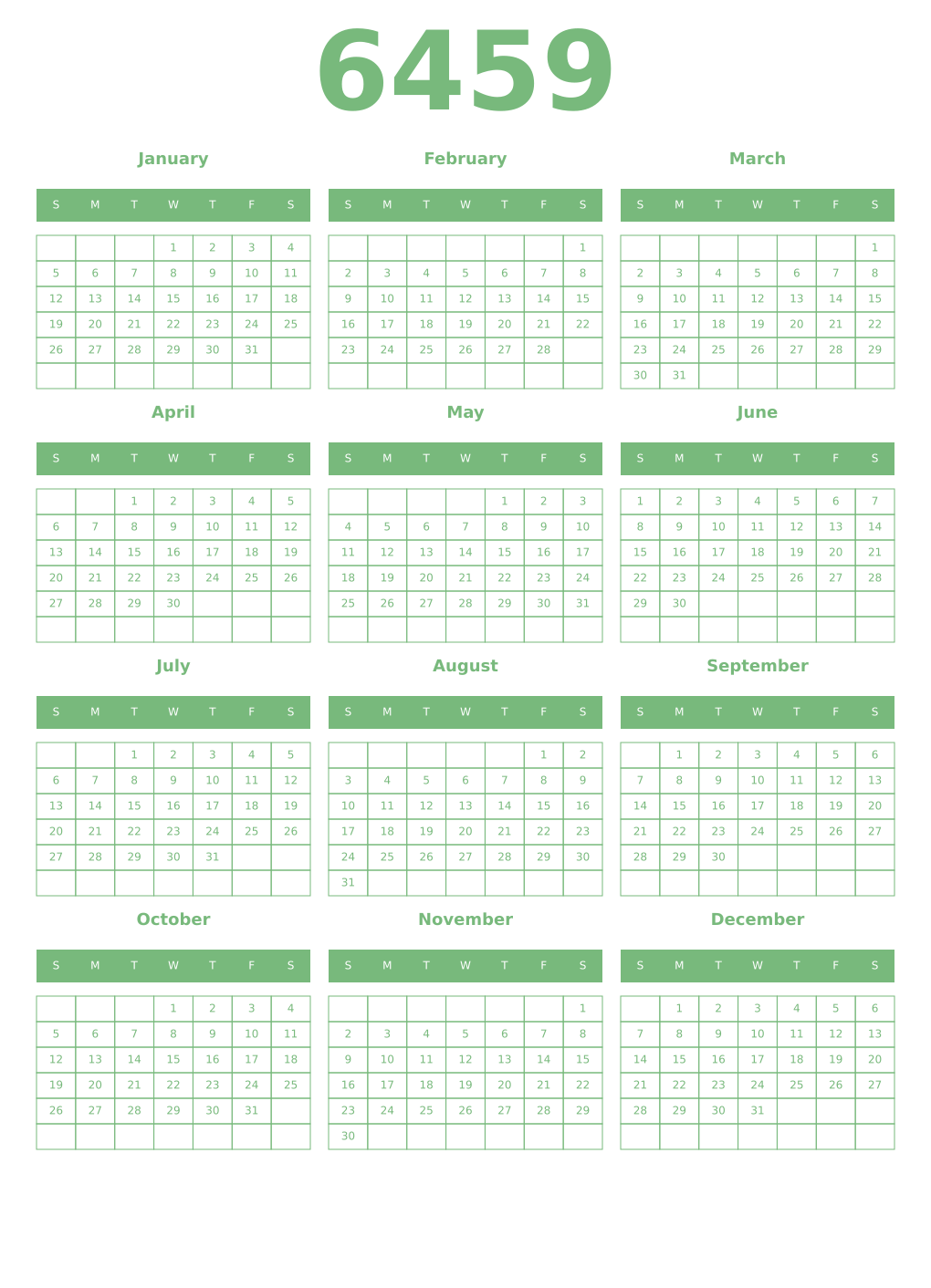 Printable 6459 Year Calendars celadon