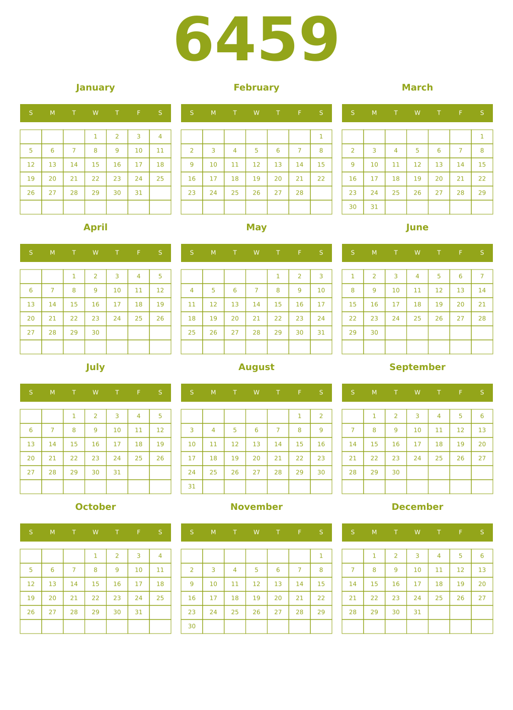 Printable 6459 Year Calendars chartreuse