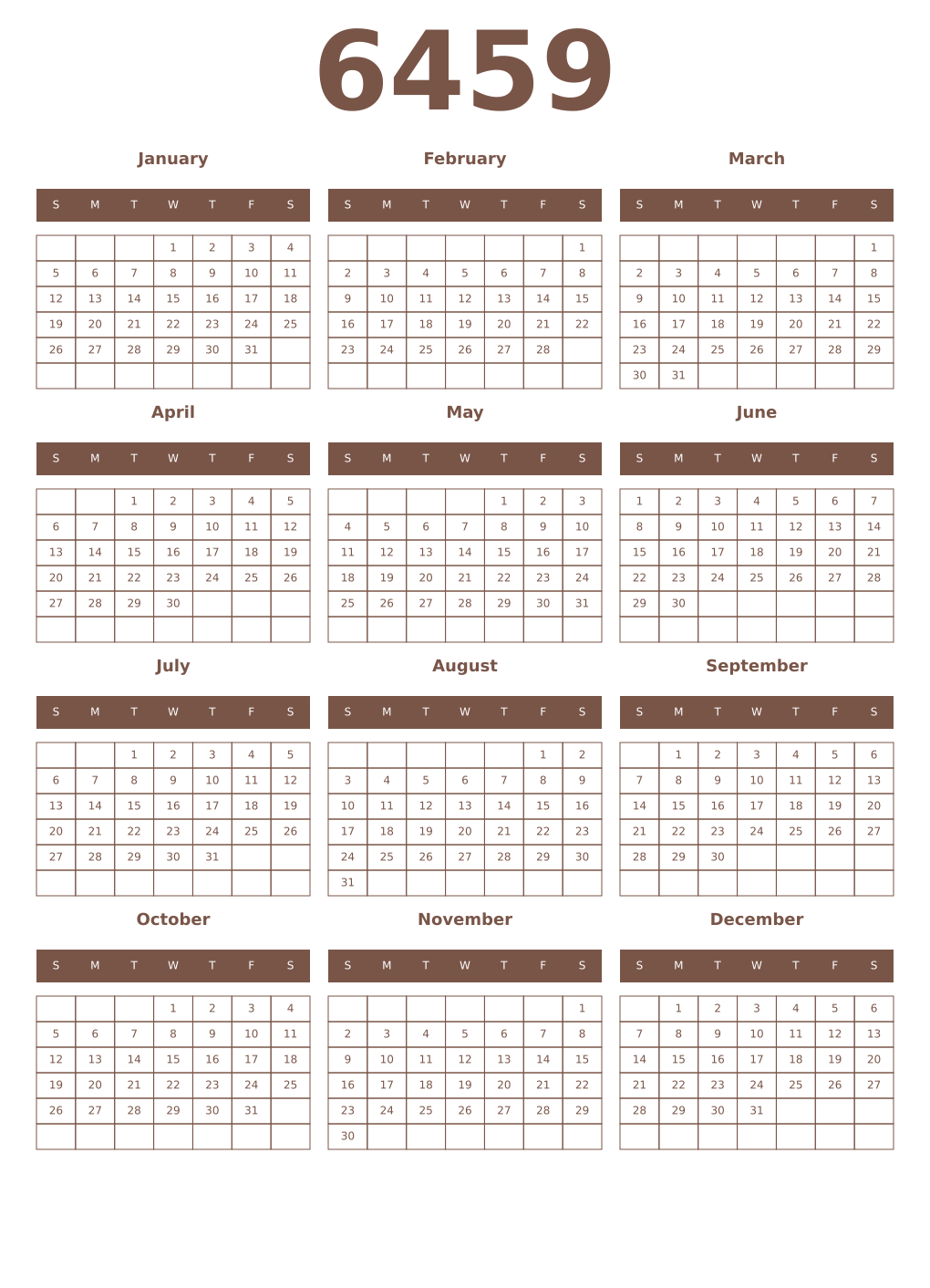 Printable 6459 Year Calendars coffe