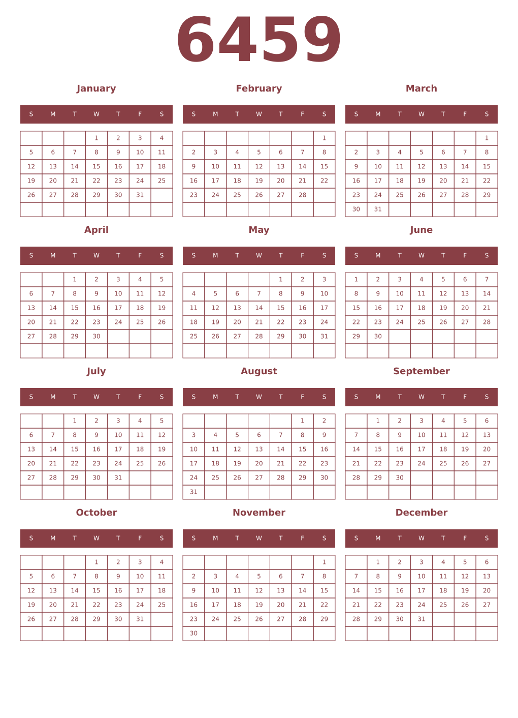 Printable 6459 Year Calendars cordovan
