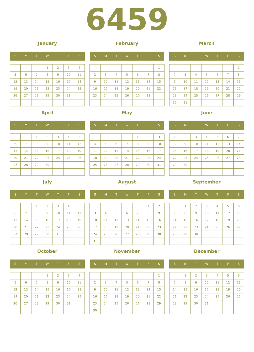 Printable 6459 Year Calendars eburnean