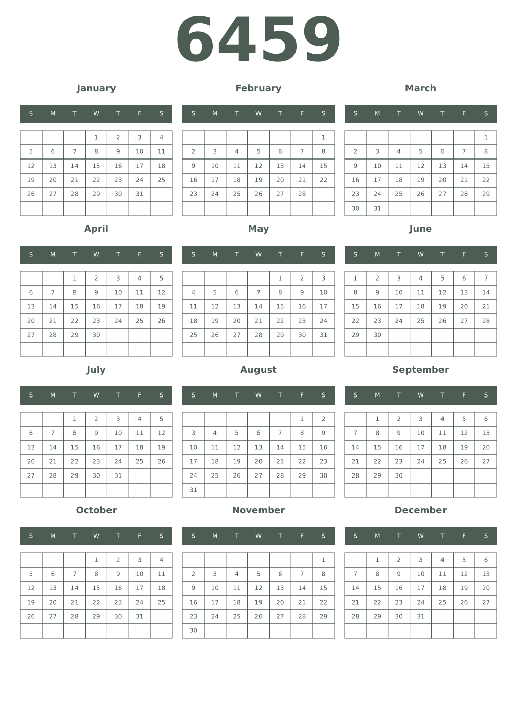 Printable 6459 Year Calendars feldgrau