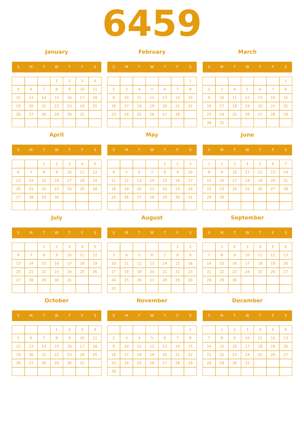 Printable 6459 Year Calendars gamboge