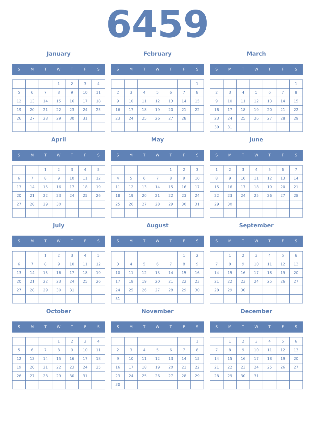 Printable 6459 Year Calendars glaucous