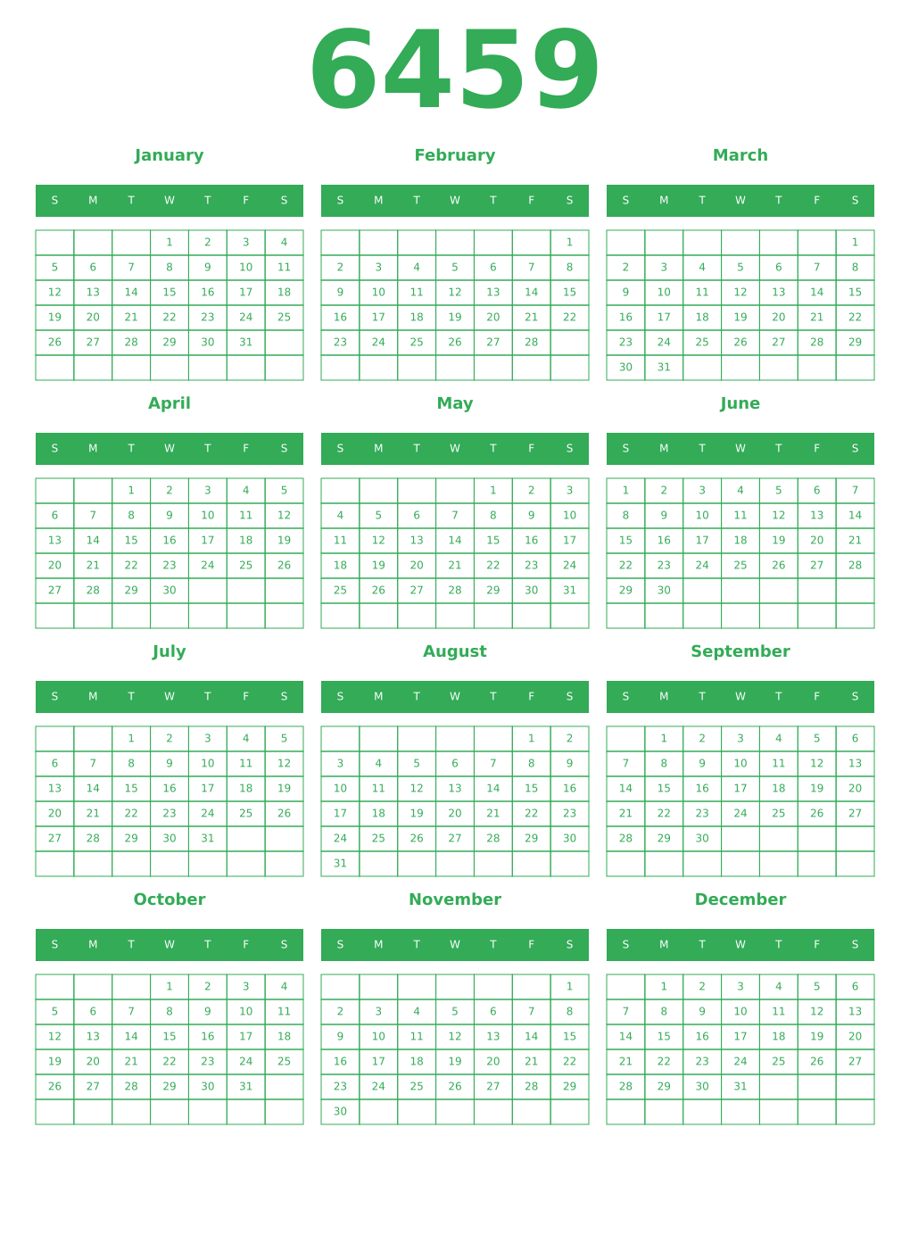Printable 6459 Year Calendars green