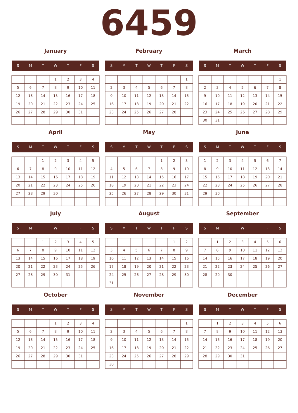 Printable 6459 Year Calendars mortuum