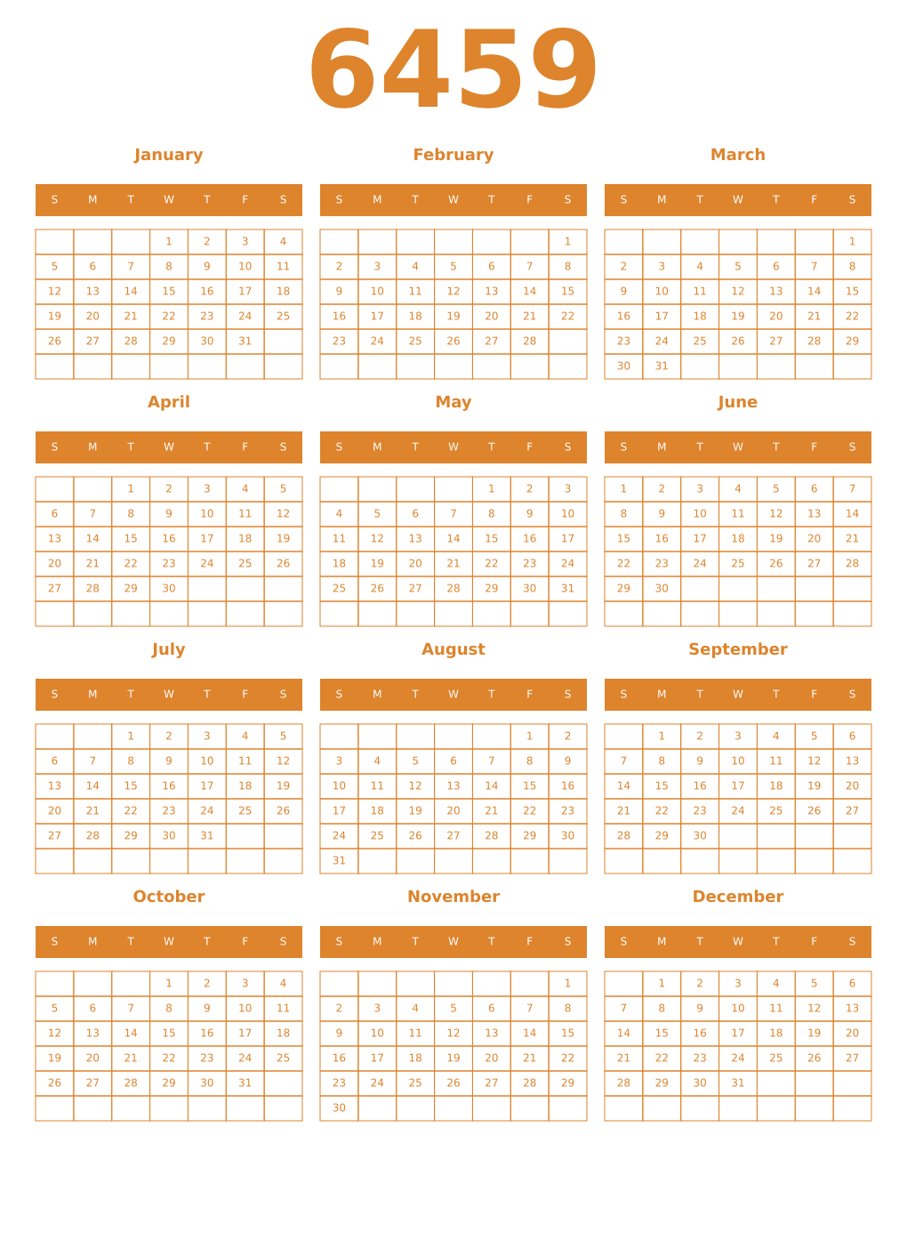 Printable 6459 Year Calendars orange