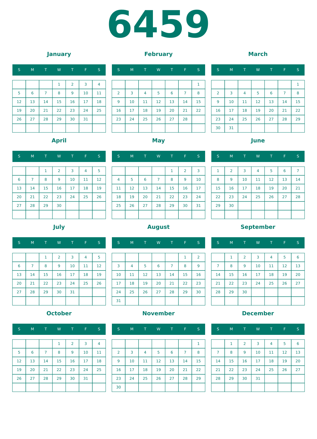 Printable 6459 Year Calendars pastel
