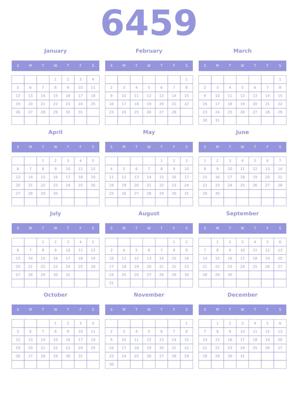 Printable 6459 Year Calendars periwinkle