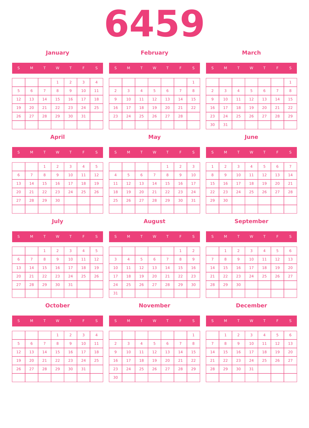 Printable 6459 Year Calendars pink