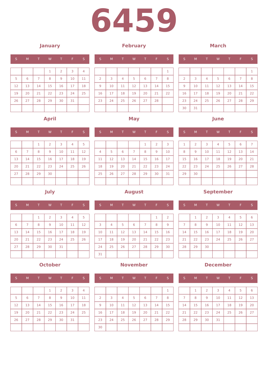 Printable 6459 Year Calendars puce