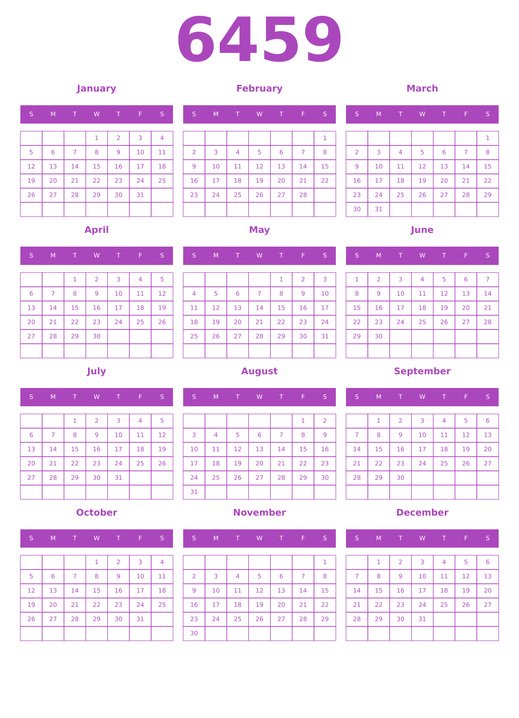 Printable 6459 Year Calendars purple