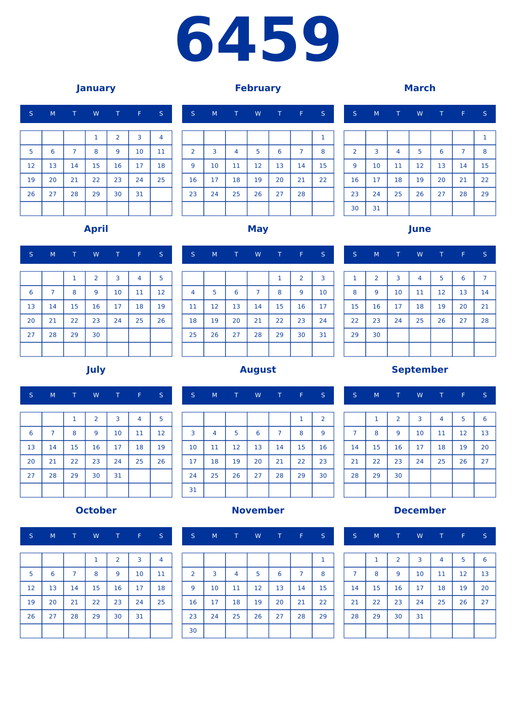 Printable 6459 Year Calendars smalt