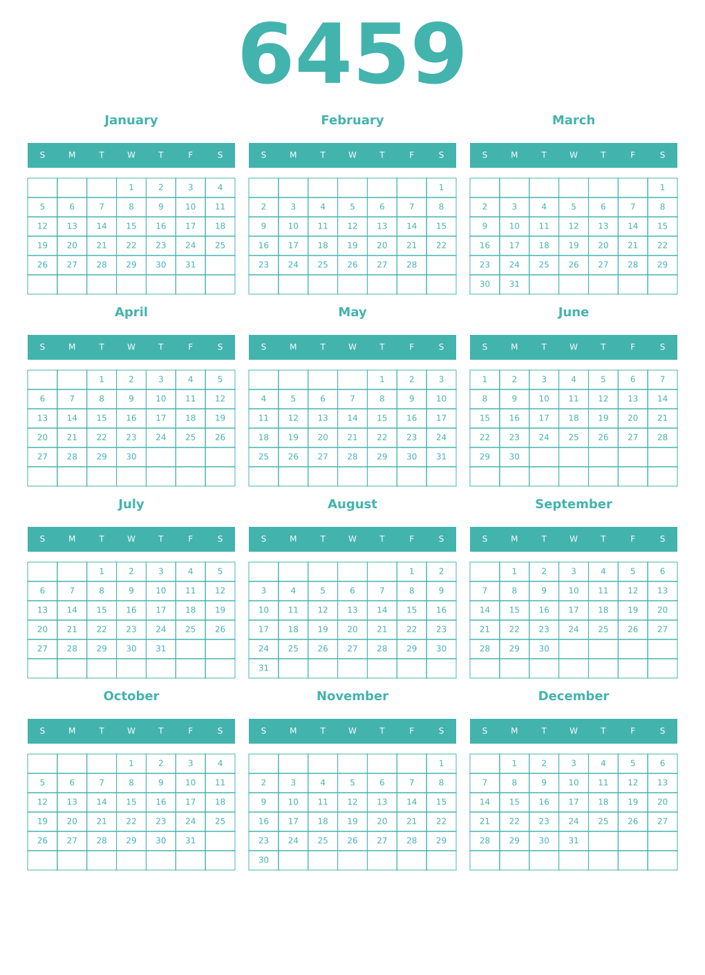 Printable 6459 Year Calendars verdigris
