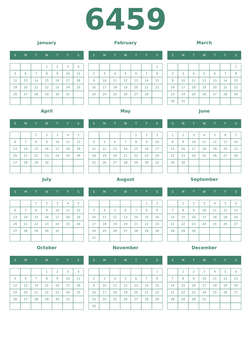 Printable 6459 Year Calendars viridian