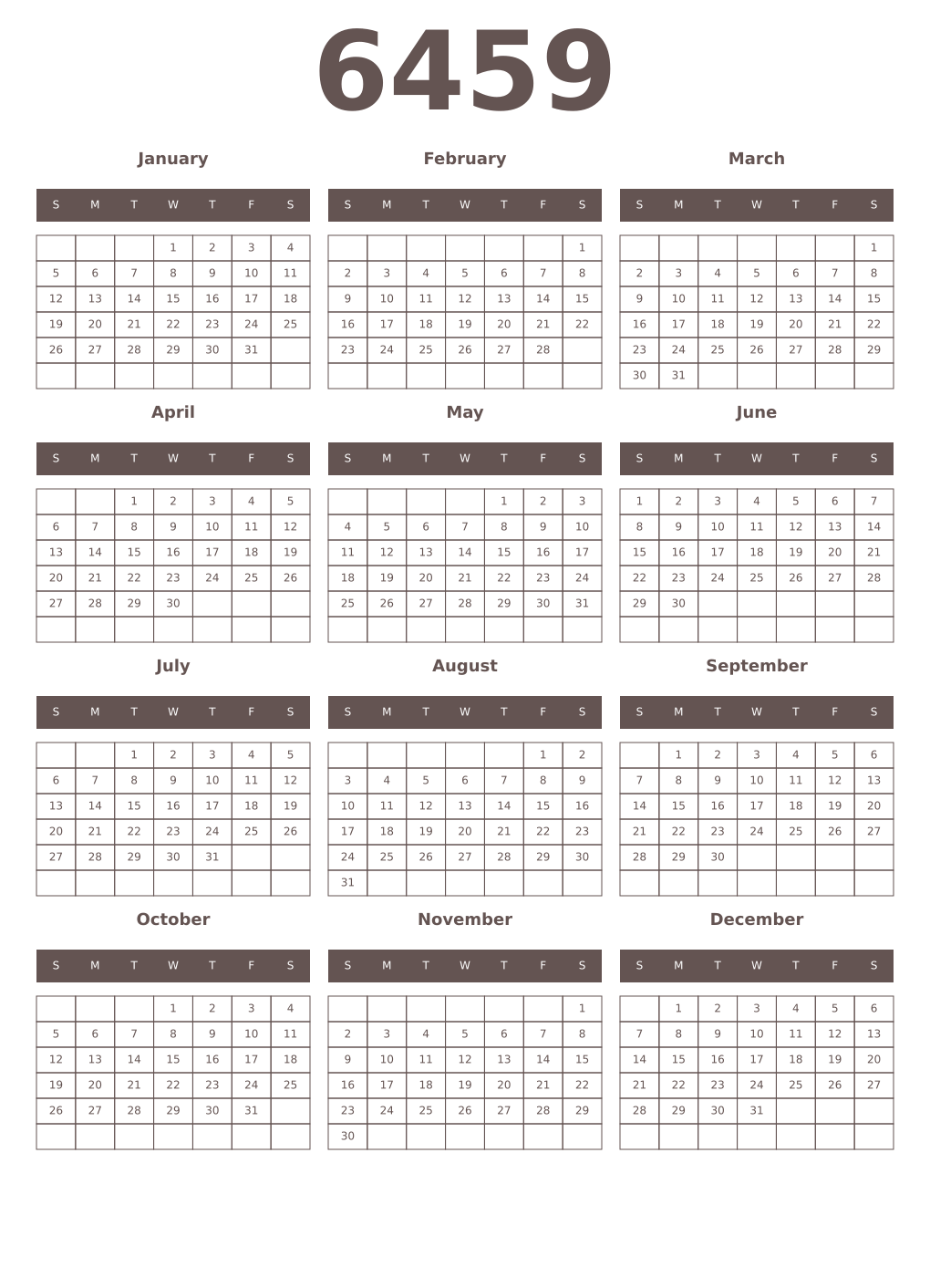 Printable 6459 Year Calendars wenge