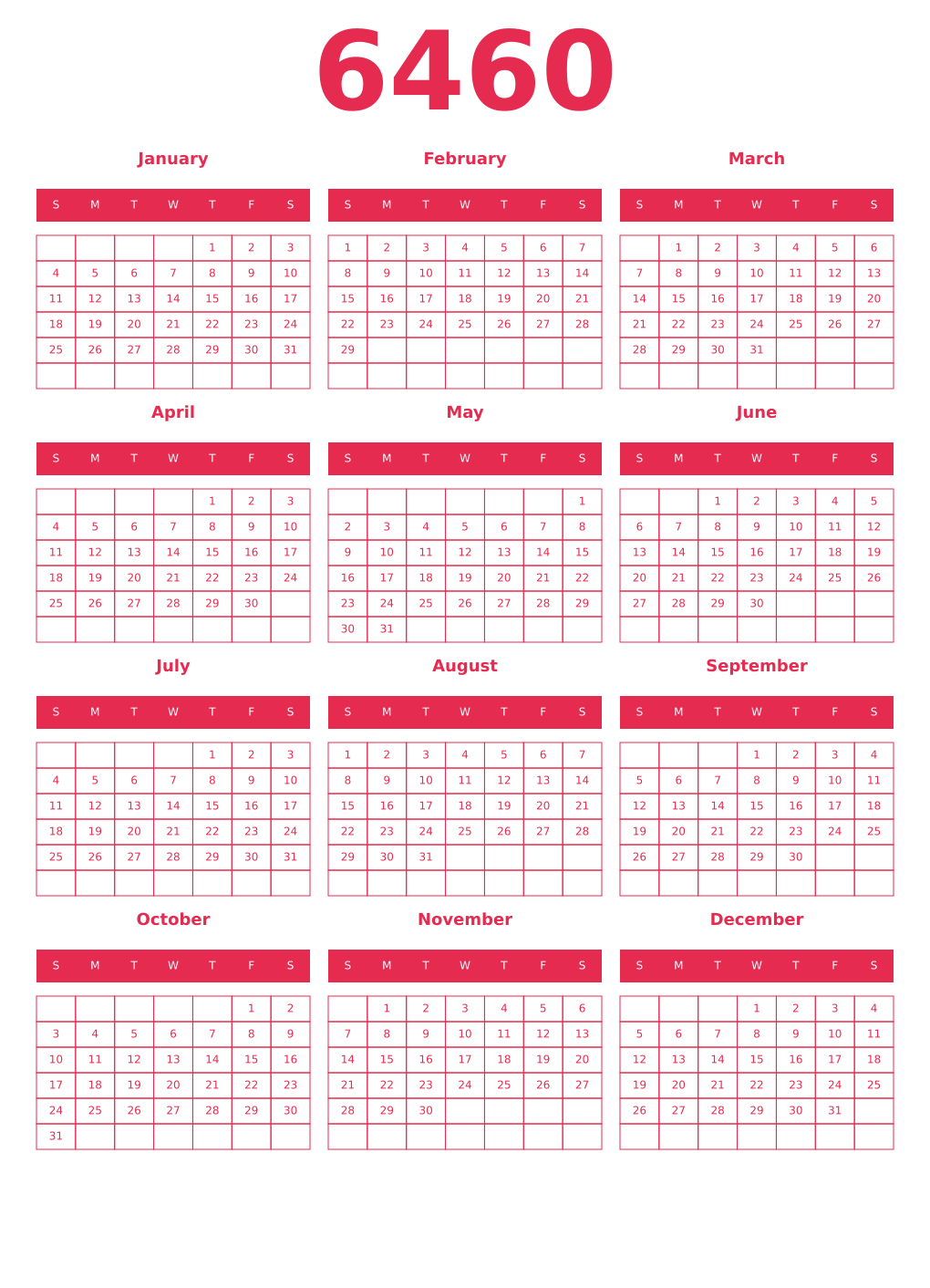 Printable 6460 Year Calendars amaranth