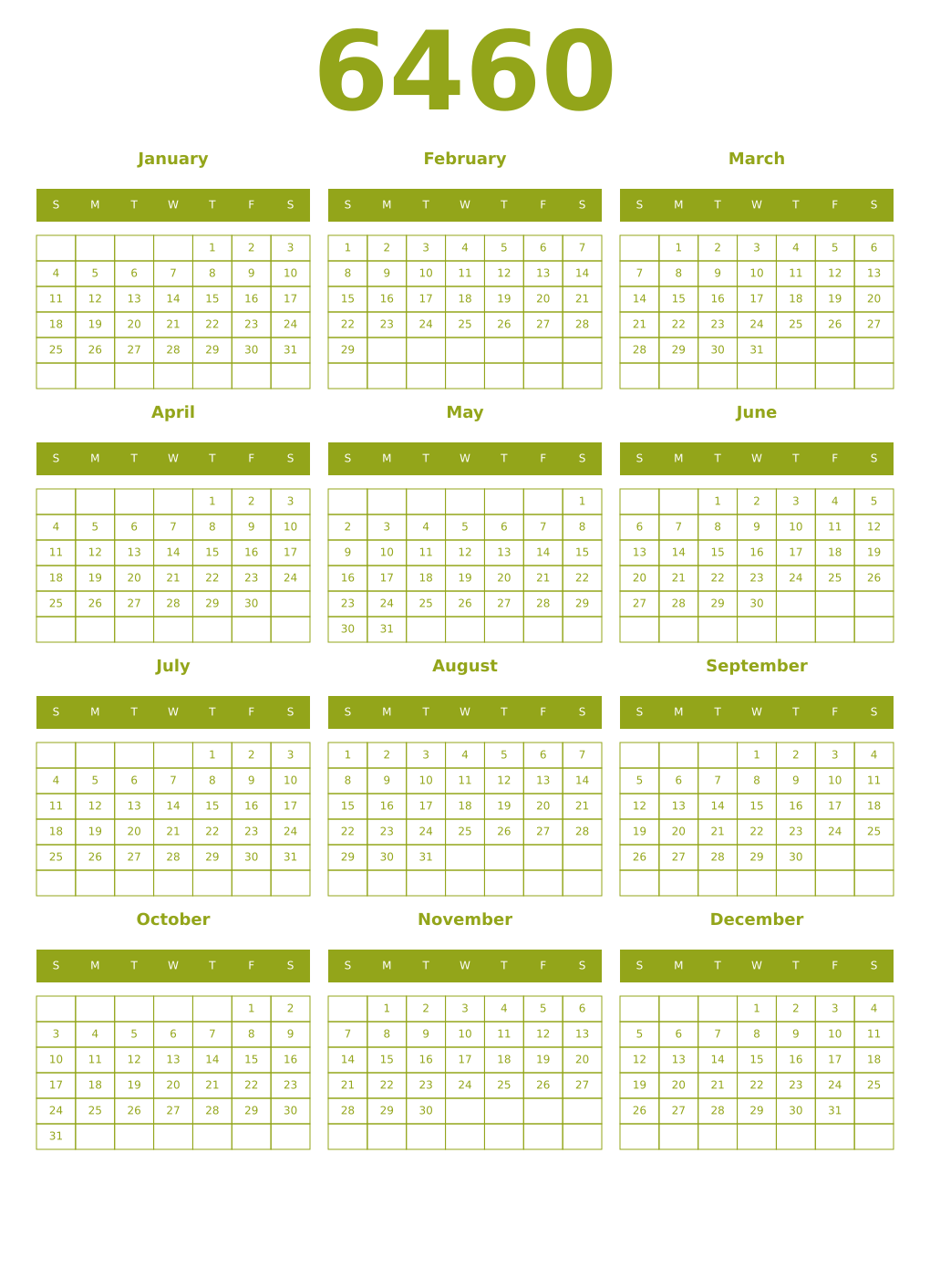 Printable 6460 Year Calendars chartreuse