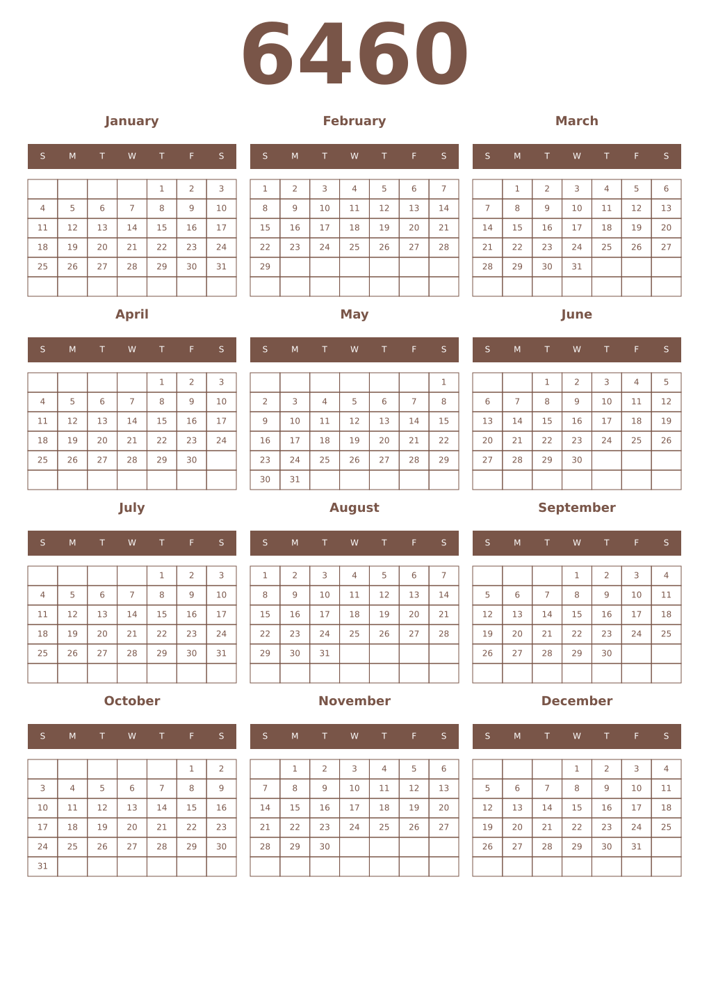 Printable 6460 Year Calendars coffe