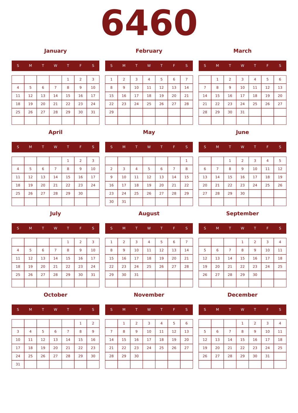 Printable 6460 Year Calendars falu