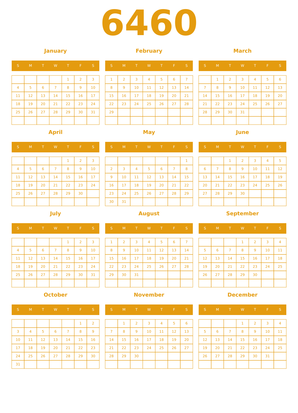 Printable 6460 Year Calendars gamboge