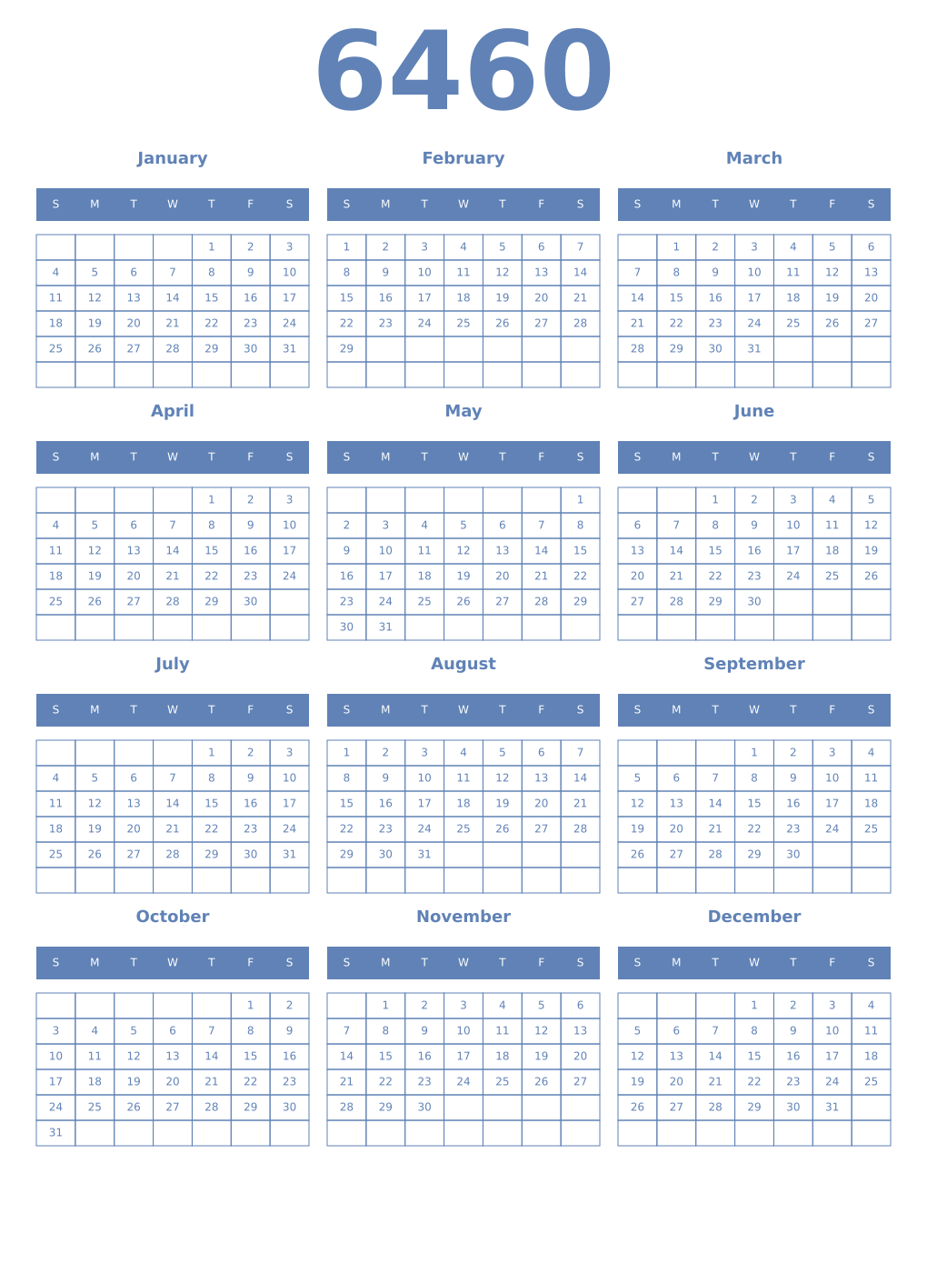 Printable 6460 Year Calendars glaucous